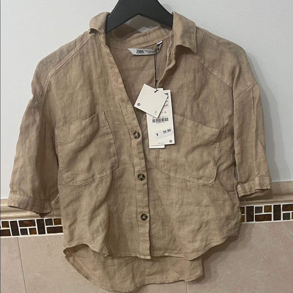 Zara Beige Linen Shirt with Pockets